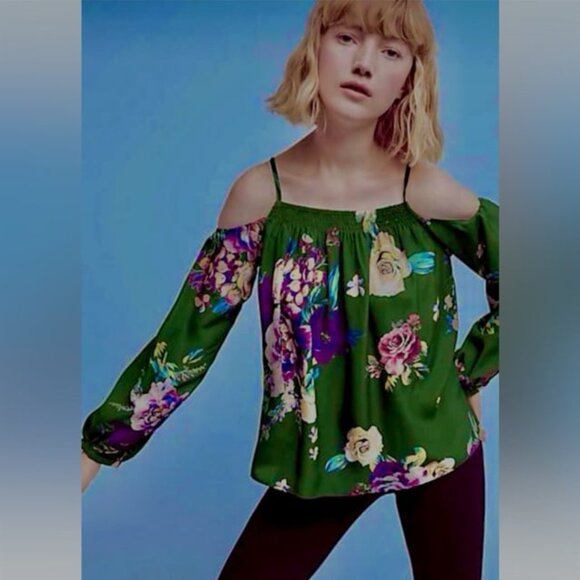 Anthropologie Maeve Floral Open-Shoulder Silk Blouse - Picture 1 of 4